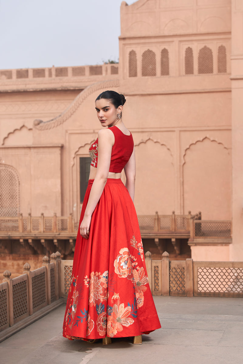 Red Moroccan Centre Print Lehenga