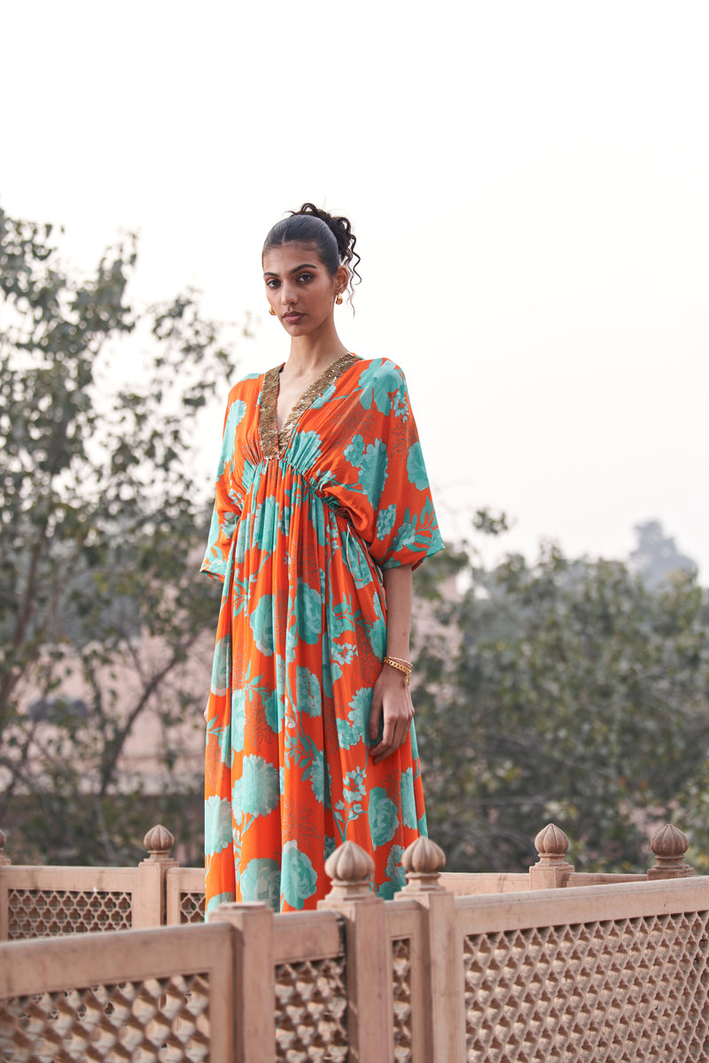 Orange Moroccan Neck Sequin Kaftan