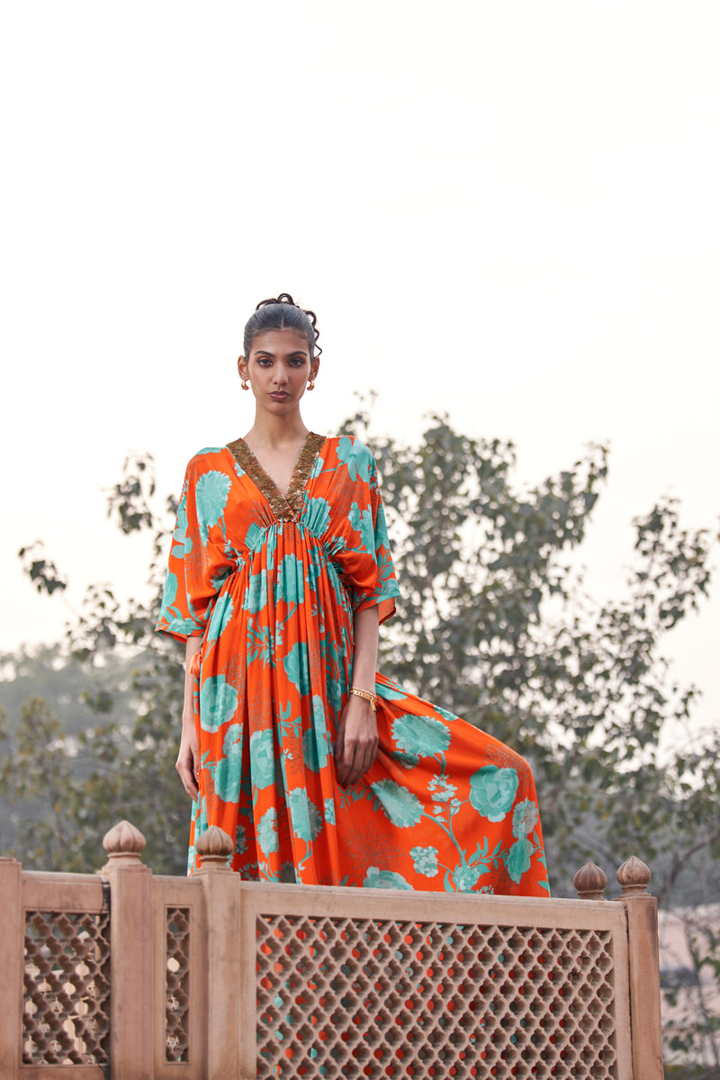 Orange Moroccan Neck Sequin Kaftan