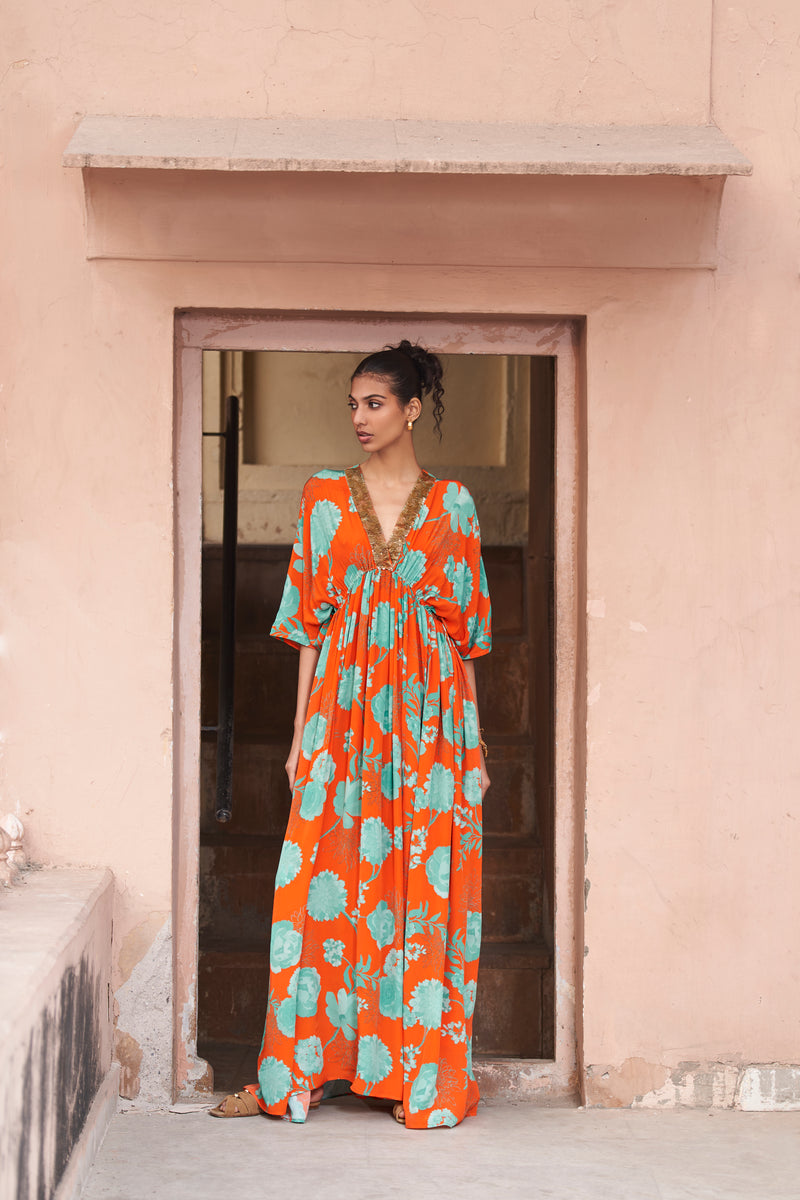 Orange Moroccan Neck Sequin Kaftan