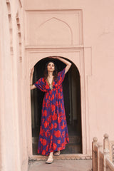 Red & Blue Sequin Neck Kaftan