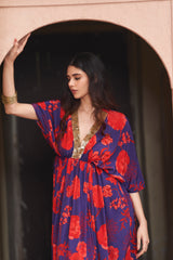 Red & Blue Sequin Neck Kaftan