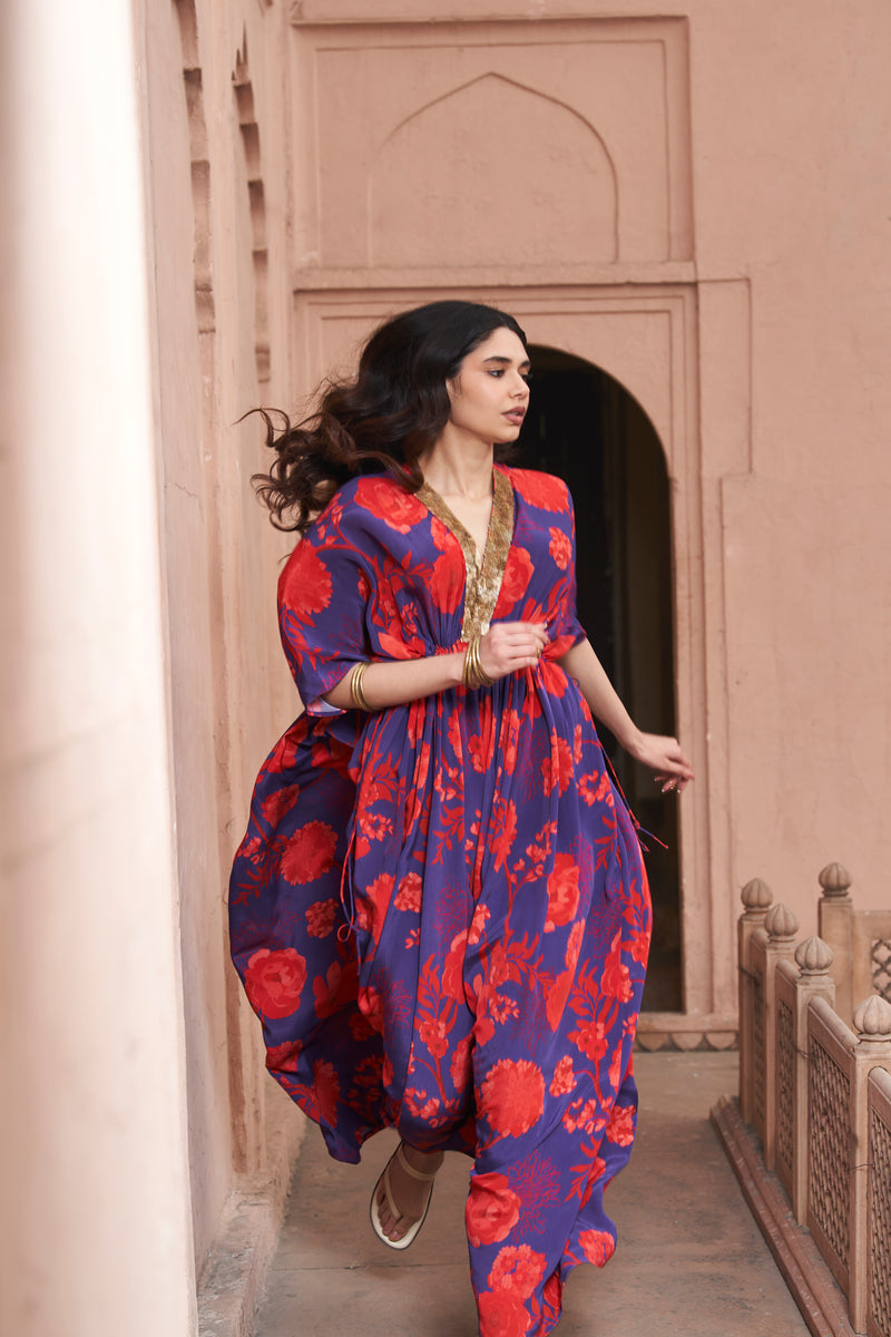 Red & Blue Sequin Neck Kaftan