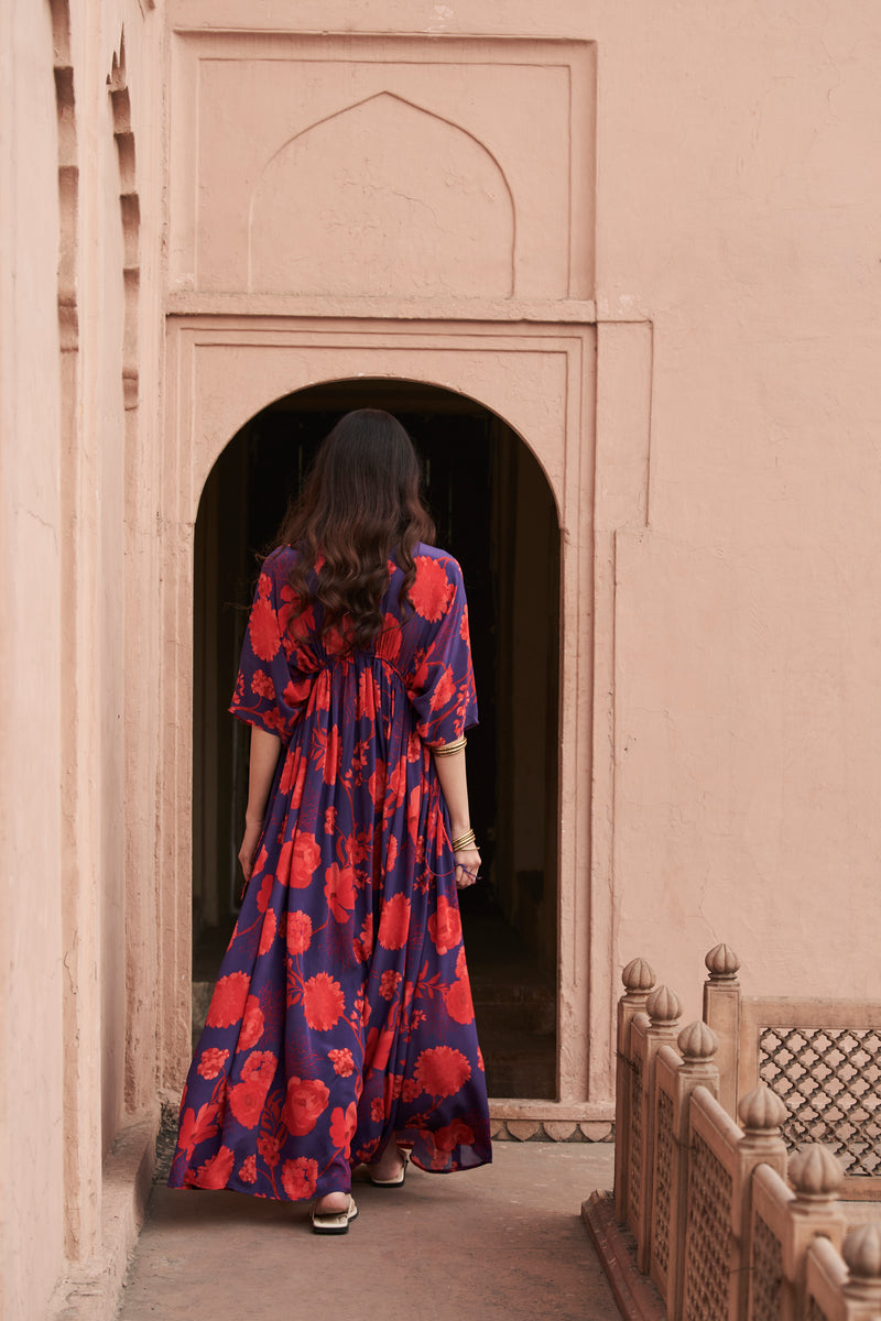 Red & Blue Sequin Neck Kaftan