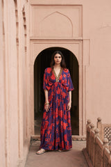 Red & Blue Sequin Neck Kaftan