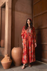 Red Moroccan Zari Yoke Kaftan