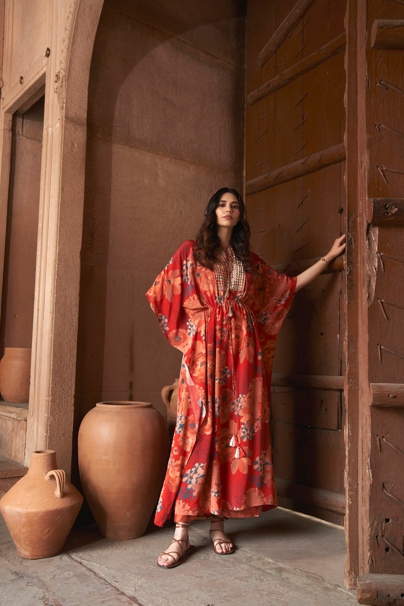 Red Moroccan Zari Yoke Kaftan