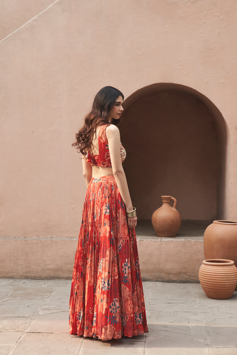 Red Moroccan Pleated Skirt Set