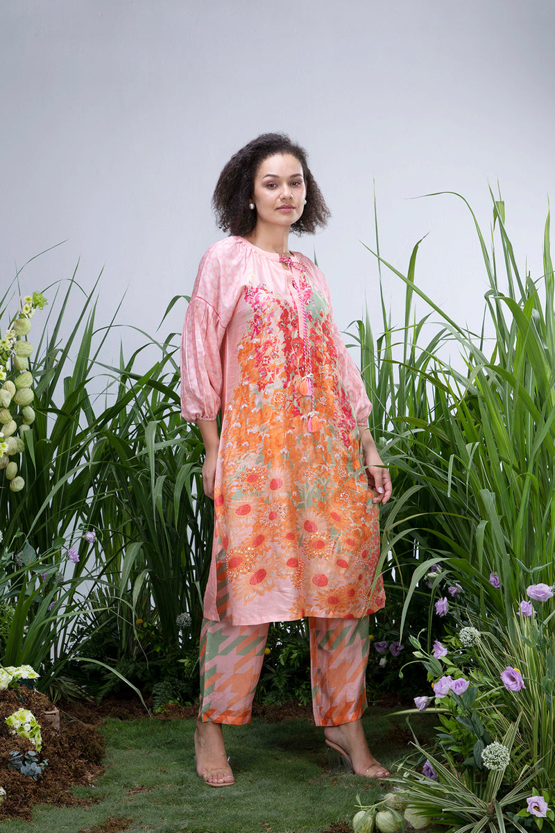 Divya Boppana in Peach Wildflower Zar Dress