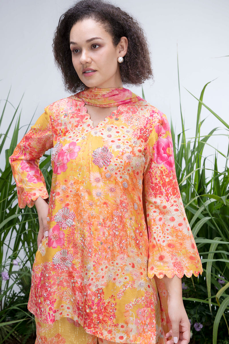 Yellow Wildflower Scalloped Neck Sharara Set