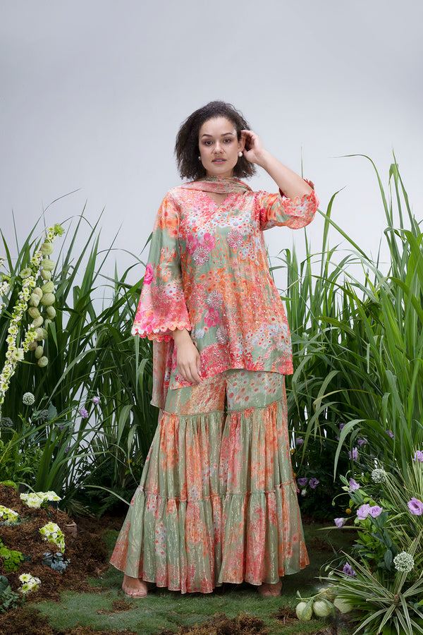 Green Wildflower Scalloped Neck Sharara Set