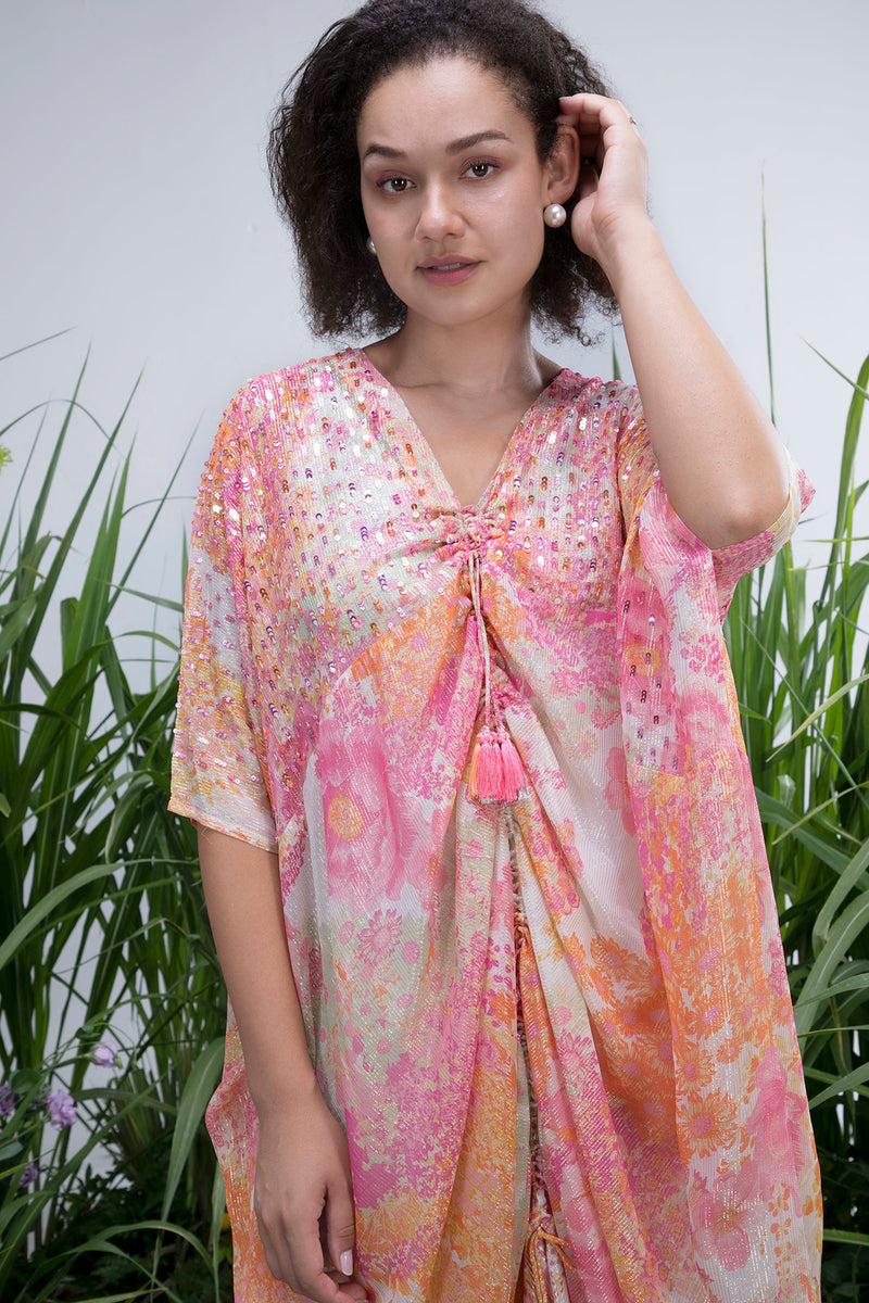 White Shimmer Wildflower Cowl Kaftan