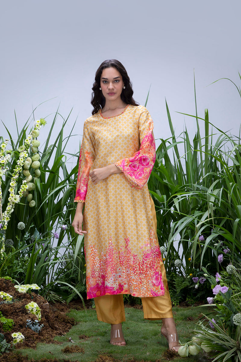 Yellow Wildflower Bell Sleeved Kurta Set