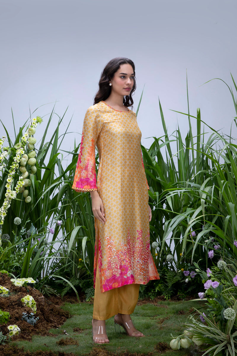 Yellow Wildflower Bell Sleeved Kurta Set