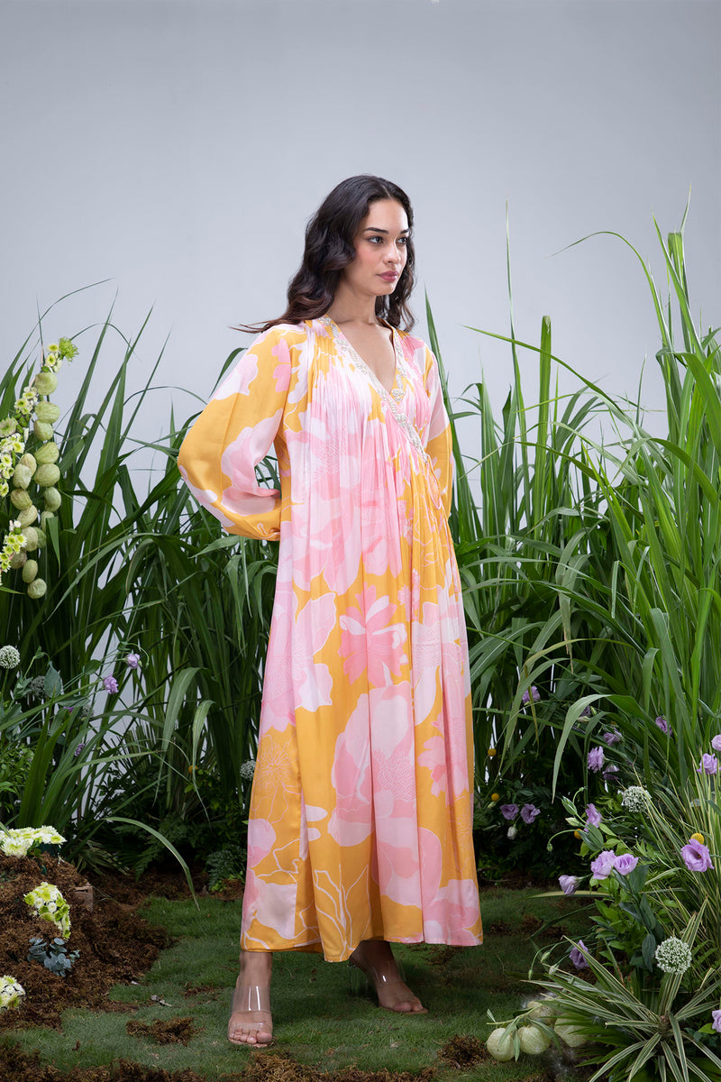 Yellow Wildflower Angrakha Maxi with Pants