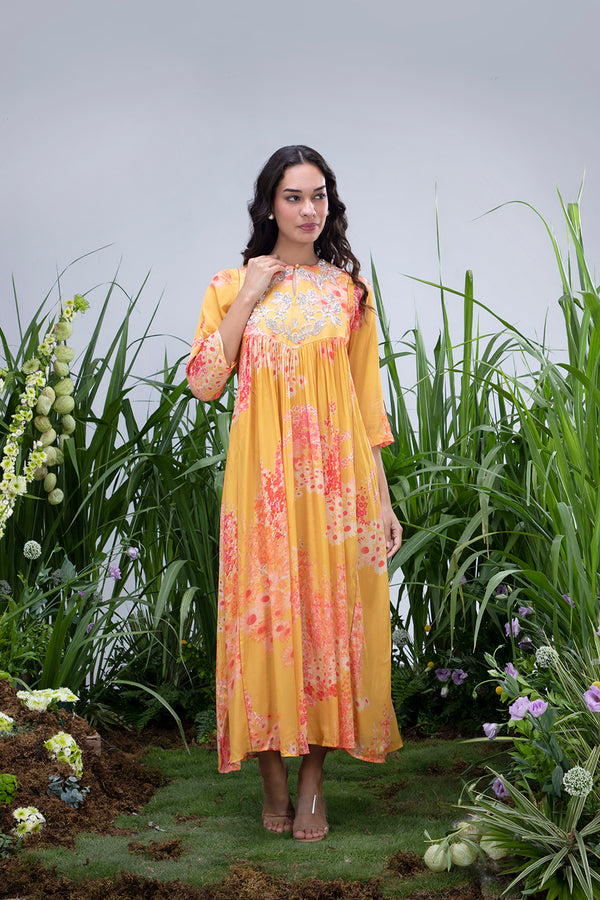 Yellow Wildflower Zardozi Yoke Maxi