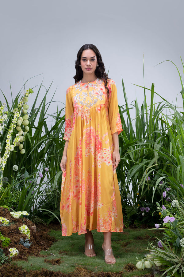 Yellow Wildflower Zardozi Yoke Maxi