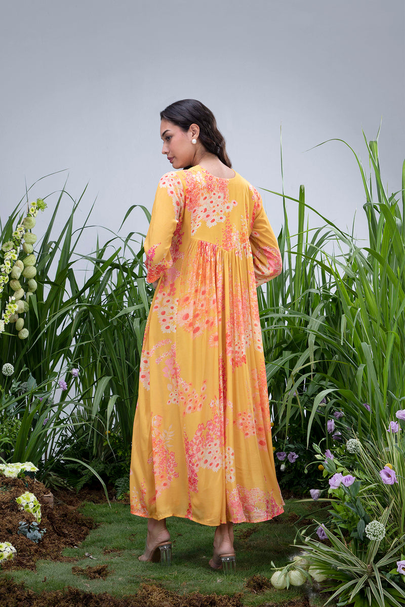 Yellow Wildflower Zardozi Yoke Maxi