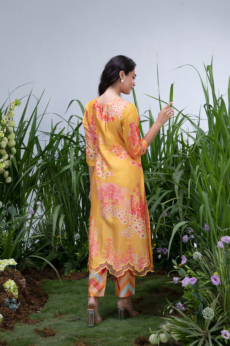 Yellow Wildflower Organza Hemline Kurta Set