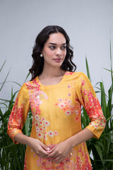 Yellow Wildflower Organza Hemline Kurta Set