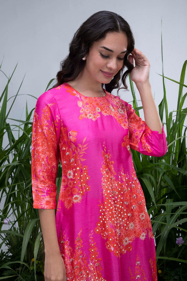 Pink Wildflower Organza Hemline Kurta Set